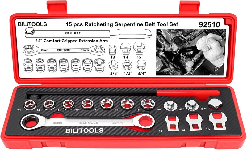 BILITOOLS 15-Piece Universal Serpentine Belt Tool Set, Ratcheting Serpentine Belt Tensioner Tool Kit - Image 1